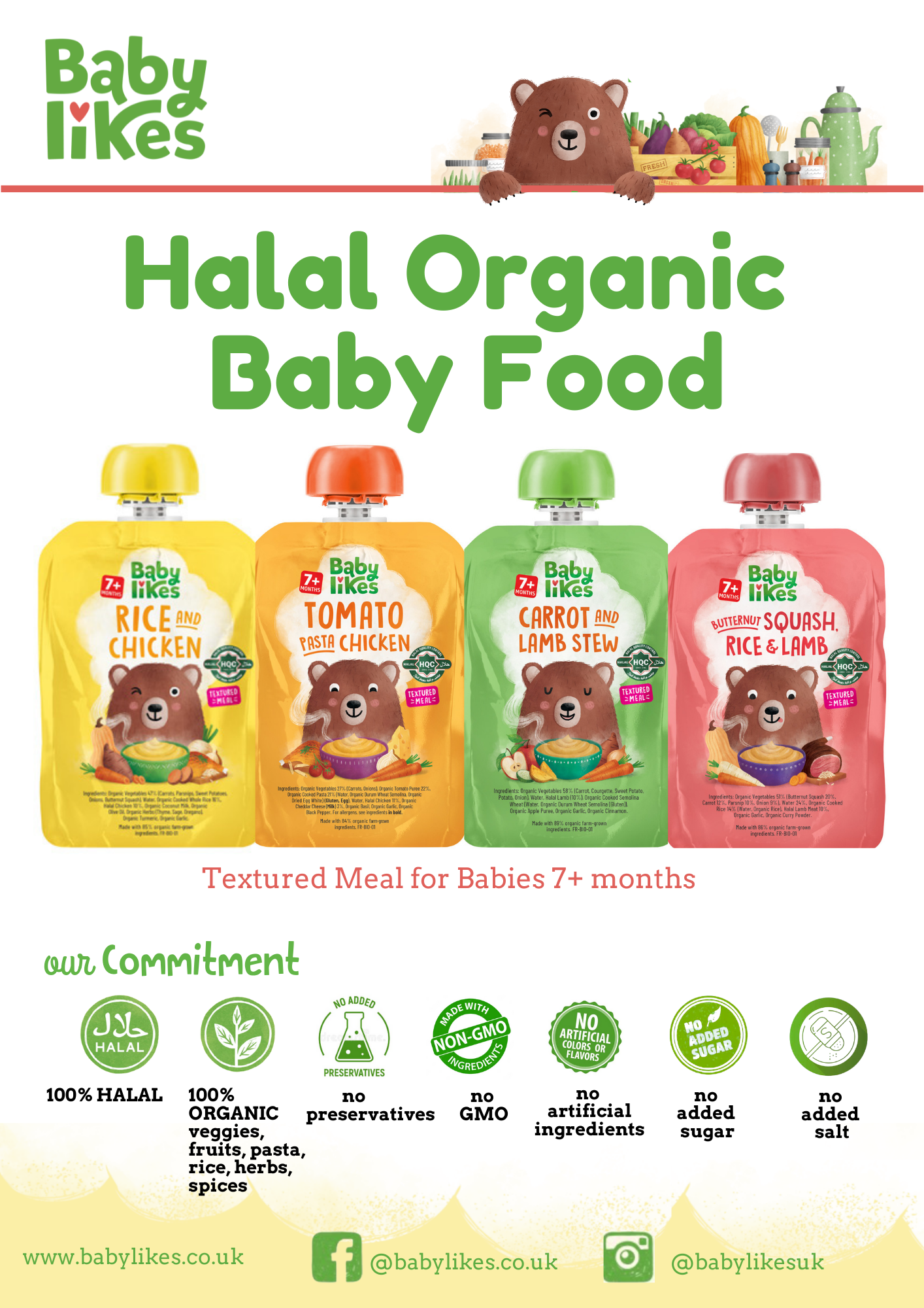 Baby Likes baby food pouches poster featuring 100% halal meat cooked with 100% organic ingredients, no preservatives, added sugar, salt, GMOs, or artificial flavors