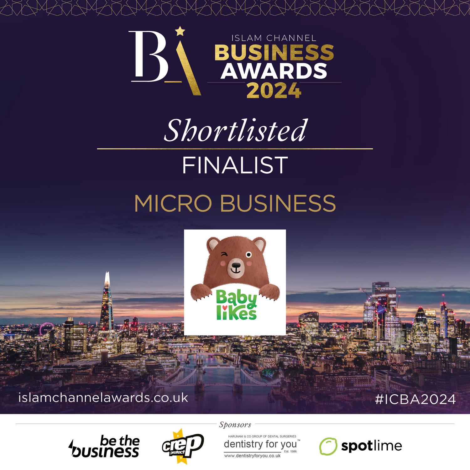 Baby Likes named Finalist for Best Micro Business at the 2024 Islam Channel Business Awards, celebrating innovation, resilience, and entrepreneurial excellence in halal organic baby food