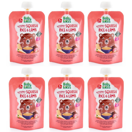 Six pouches of Baby Likes Butternut Squash, Rice and Lamb 130g baby food, neatly arranged to showcase organic, halal-certified weaning meals