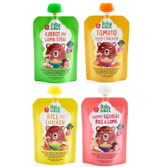Four Baby Likes baby food pouches displaying the full range of flavours