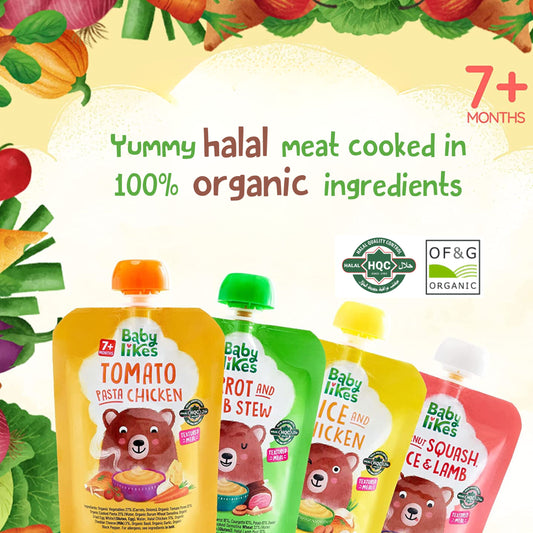 Promotional poster featuring Baby Likes baby food pouches made with 100% halal-certified meat and 100% organic ingredients, highlighting nutritious and trustworthy weaning meals for babies