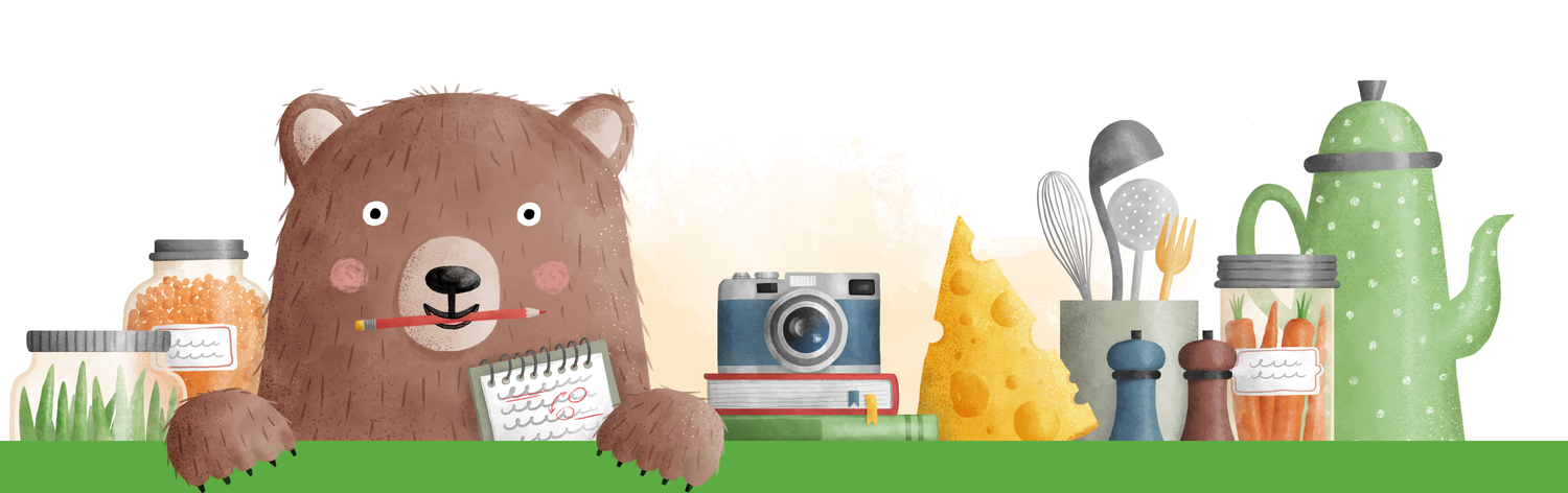 Banner featuring Baby Likes’ cute bear mascot holding a notepad and pencil, surrounded by playful kitchen elements — representing our blog on baby nutrition, weaning, travel tips, and parenting insights