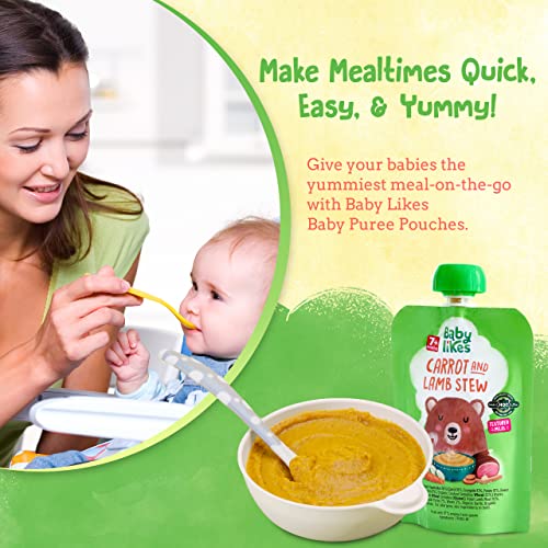 Mother feeding her happy baby with Baby Likes Carrot and Lamb Stew; a bowl of the stew sits beside its branded pouch, highlighting a wholesome, easy, and nutritious weaning meal