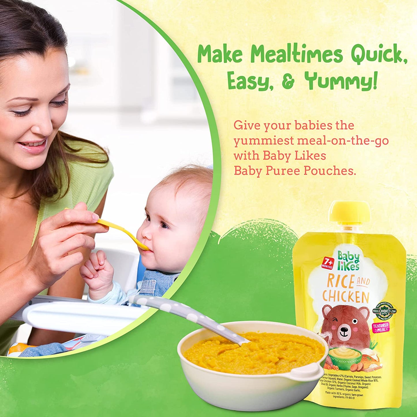 Baby Food Pouches - Halal Organic Stage 2 Baby Puree Rice and Chicke 130g, Suitable for 7+ months
