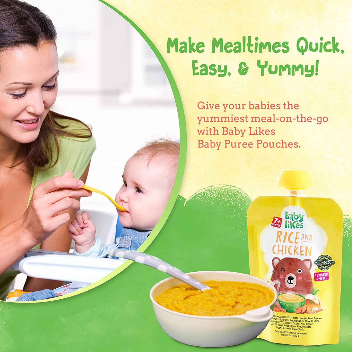 Mother lovingly feeding her happy baby Baby Likes Rice and Chicken, with a bowl of the puree and its branded pouch nearby, highlighting a wholesome, nutritious weaning meal that’s quick and easy for busy parents