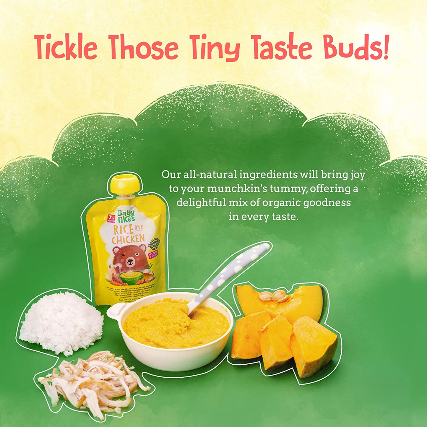 Bowl of Baby Likes Rice and Chicken 130g baby food surrounded by cooked premium halal chicken, fluffy cooked rice, and fresh raw butternut squash, highlighting wholesome natural ingredients