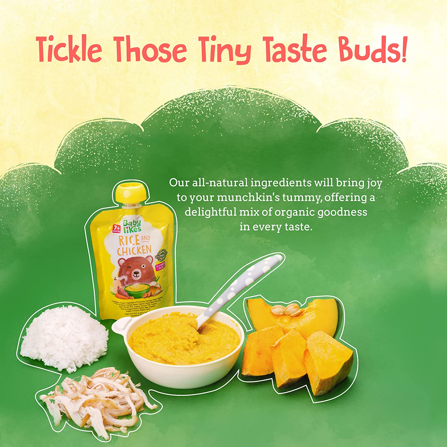 Bowl of Baby Likes Rice and Chicken 130g baby food surrounded by cooked premium halal chicken, fluffy cooked rice, and fresh raw butternut squash, highlighting wholesome natural ingredients