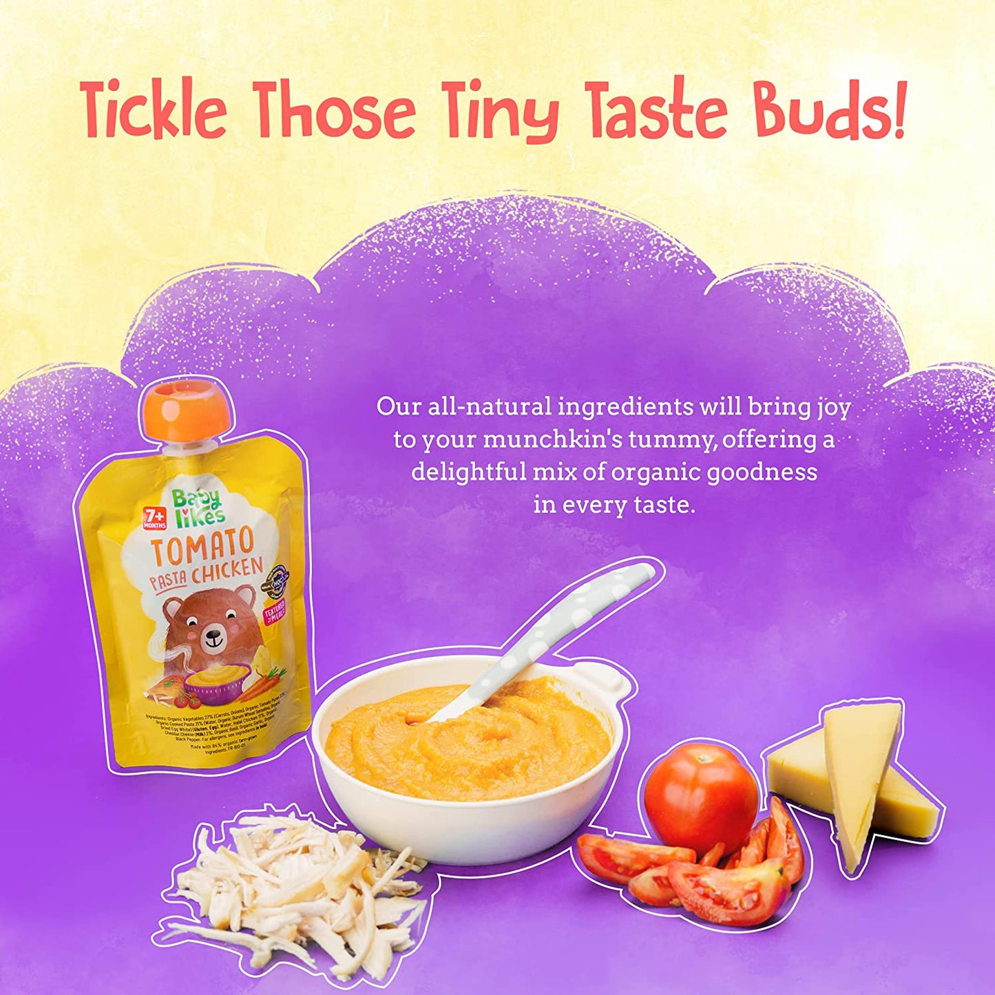 Poster showcasing Baby Likes Tomato Pasta Chicken 130g pouch with fresh tomatoes, cheese, and cooked halal chicken meat, emphasizing wholesome, organic baby food ingredients