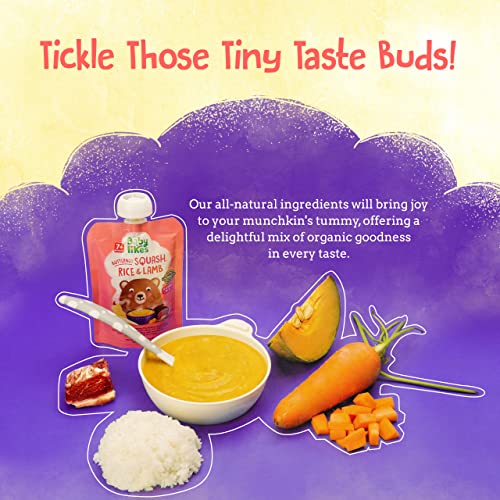 Bowl of Baby Likes Butternut Squash, Rice and Lamb puree next to its branded pouch, surrounded by fresh raw ingredients, highlighting a wholesome and nutritious weaning meal