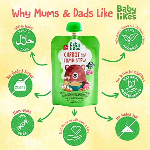Poster of Baby Likes Carrot and Lamb Stew highlighting key benefits that Mums and Dads love, with clear features of the baby food