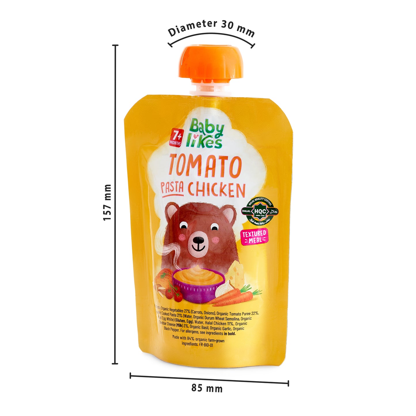 Front view of Baby Likes Tomato Pasta Chicken 130g pouch displaying halal certification, organic ingredients, distinctive branding, and clear pouch measurements