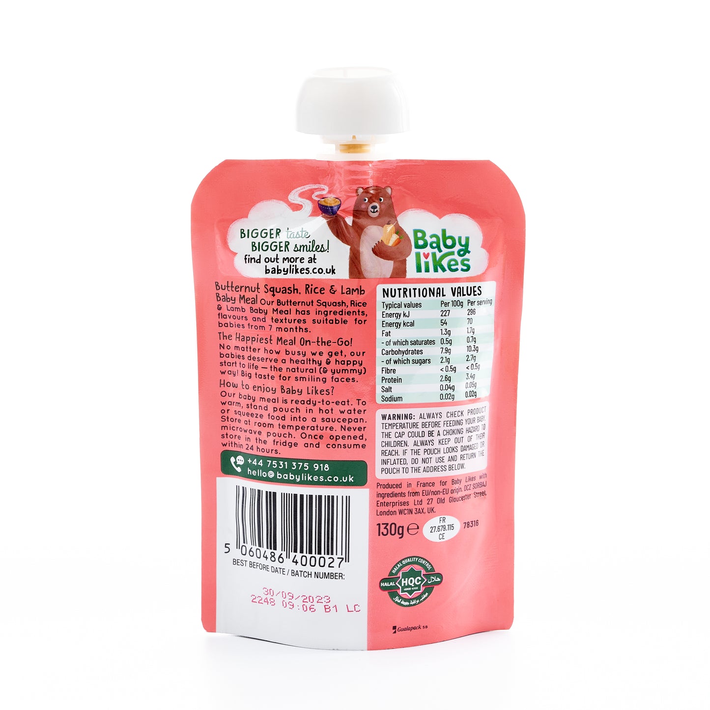 Halal Baby Food Pouches - Butternut Squash, Rice and Lamb 6 pouches, 130 g, Stage 2, Organic Baby Puree for 7+ months