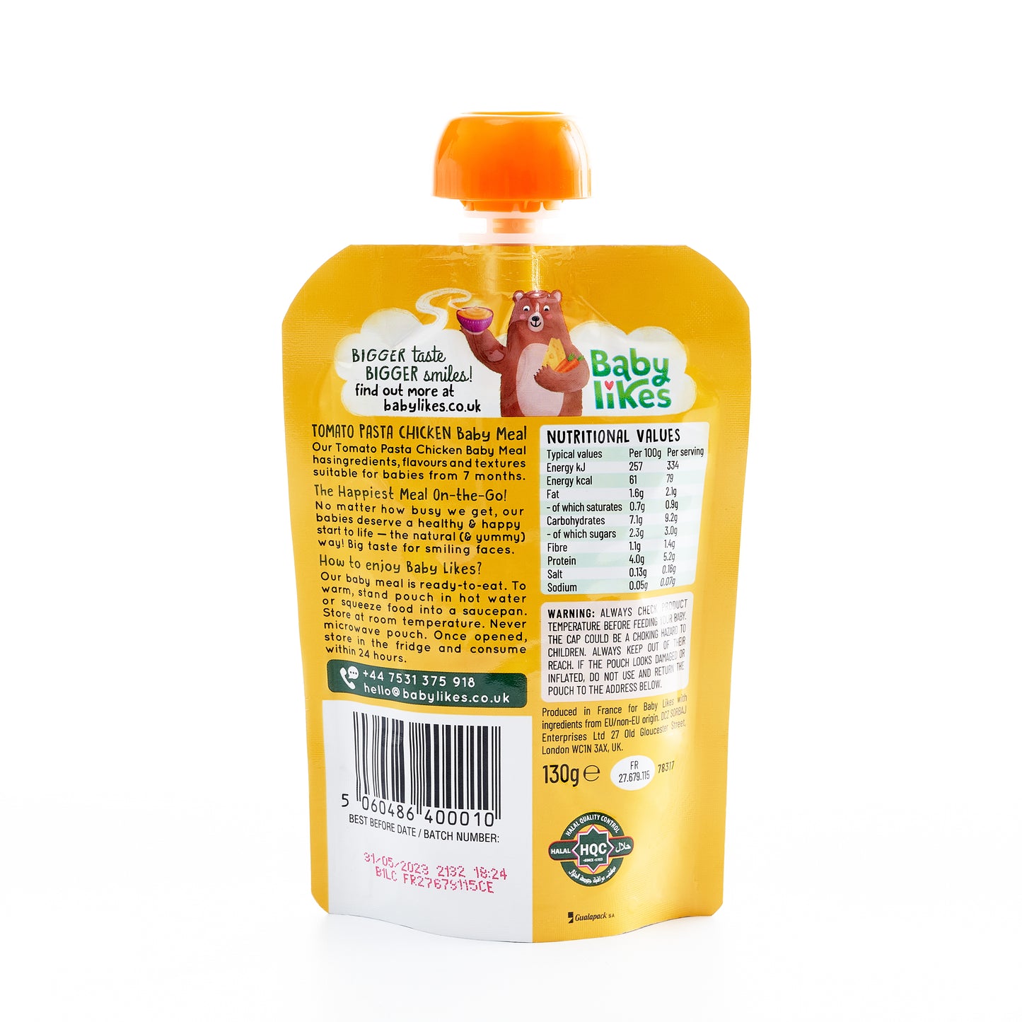 Back view of Baby Likes Tomato Pasta Chicken 130g pouch displaying key features, nutritional information, and halal certification details