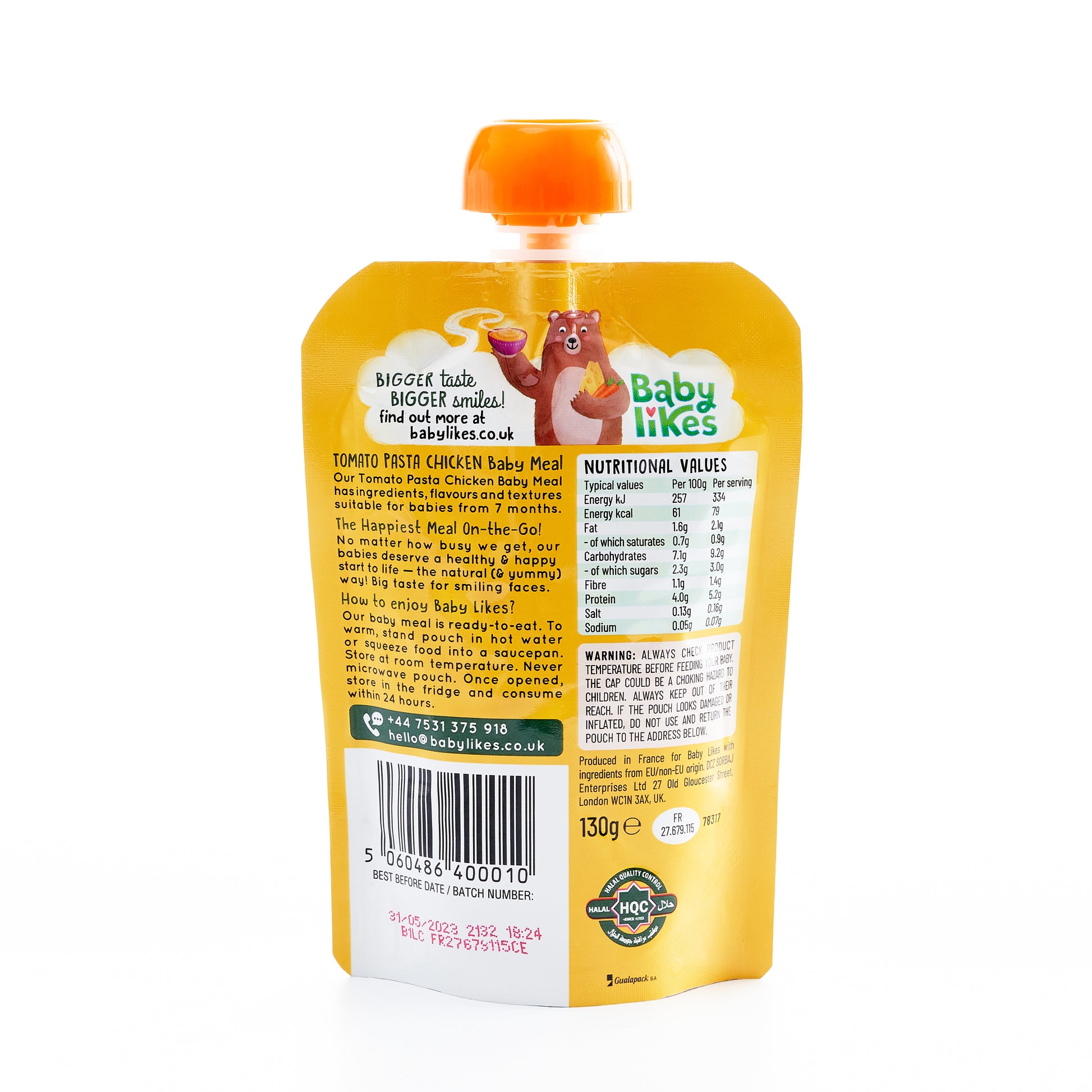 Back view of Baby Likes Tomato Pasta Chicken 130g pouch displaying key features, nutritional information, and halal certification details