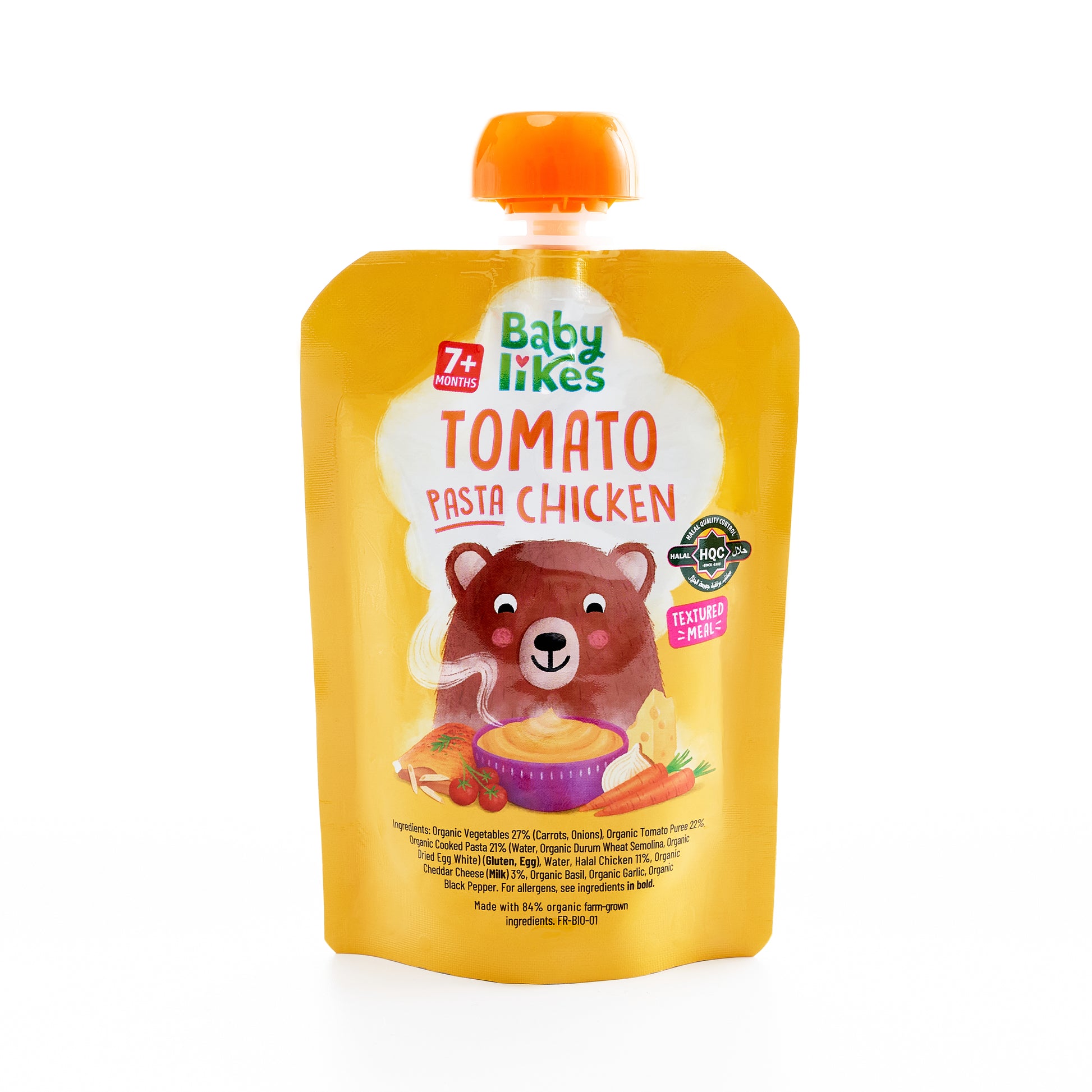 Front view of Baby Likes Tomato Pasta Chicken 130g pouch highlighting halal certification, organic ingredients, and distinctive branding
