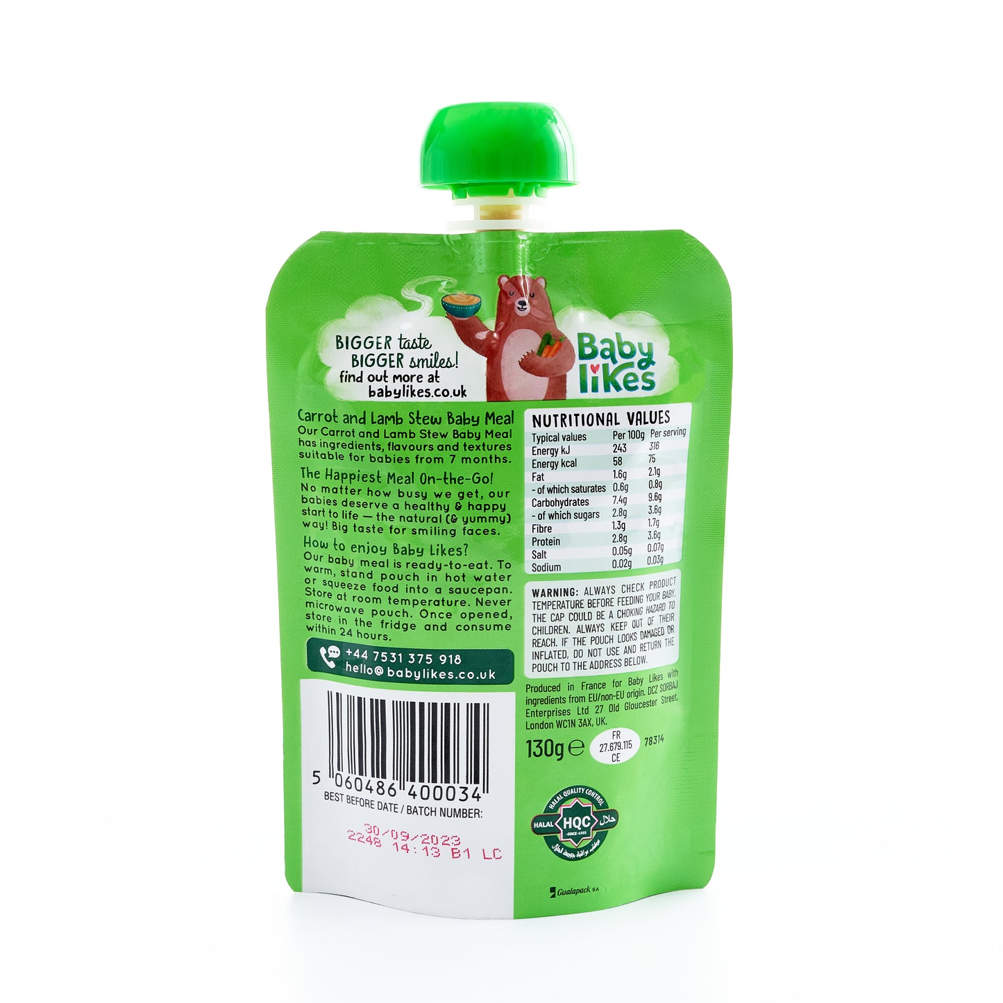 Back view of Baby Likes Carrot and Lamb Stew 130g pouch displaying wholesome baby food branding