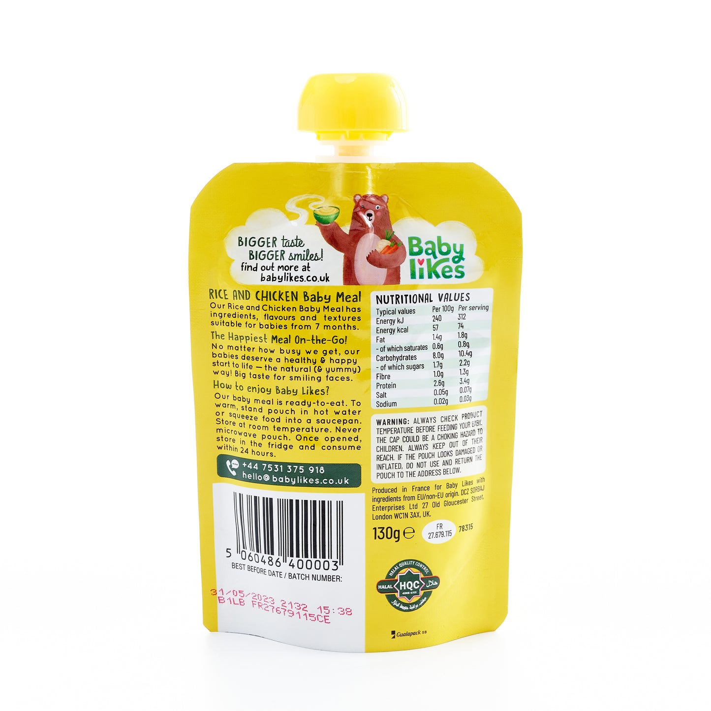 Back view of Baby Likes Rice and Chicken 130g baby food pouch showing halal certification along with detailed nutritional info and product benefits