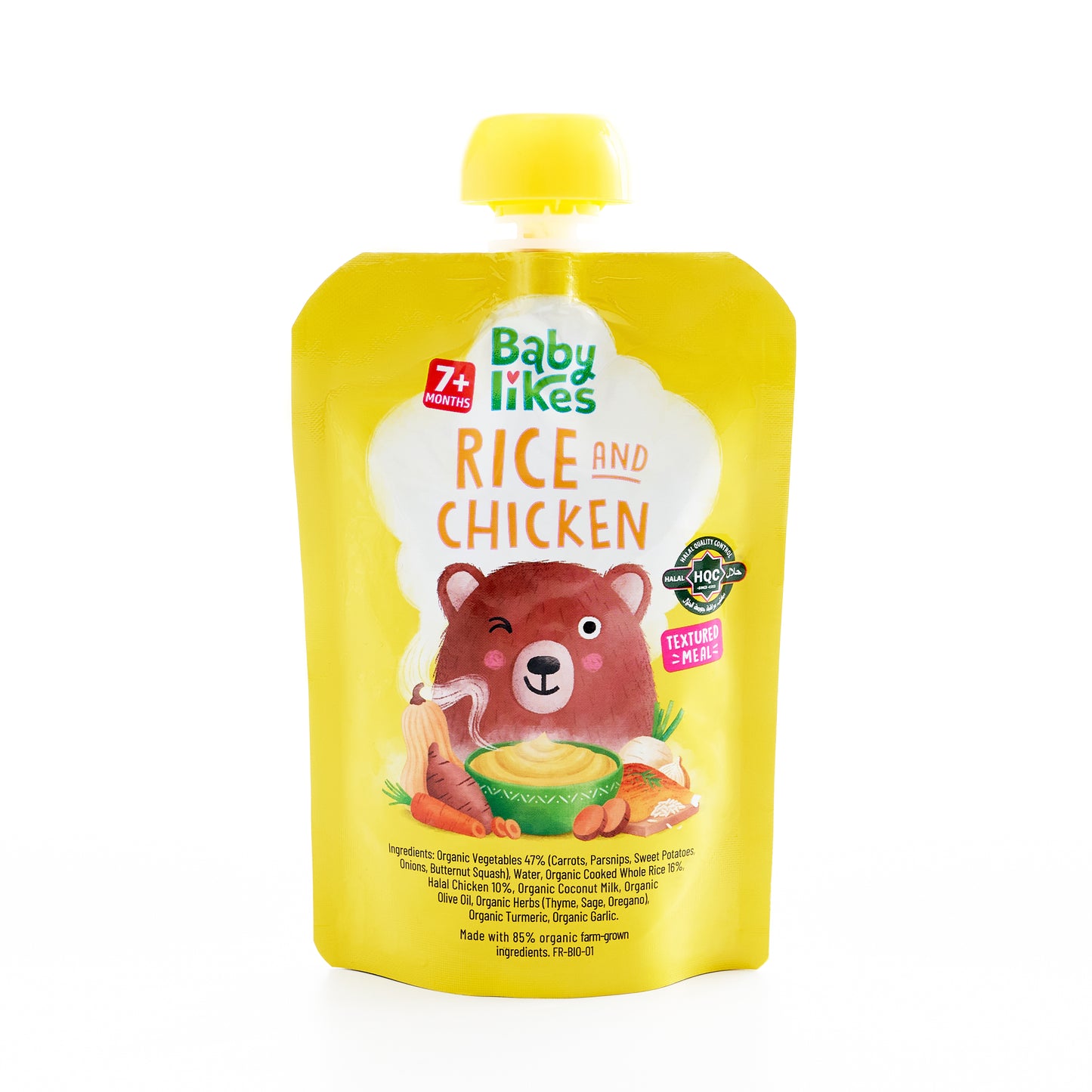Front view of Baby Likes Rice and Chicken 130g baby food pouch showcasing vibrant branding, halal certification, and highlighting wholesome halal meat and organic ingredients