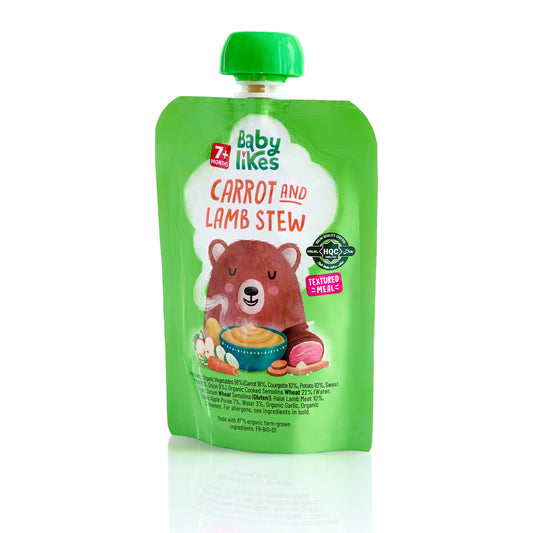 Front view of Baby Likes Carrot and Lamb Stew 130g pouch displaying detailed ingredients and showing wholesome baby food packaging