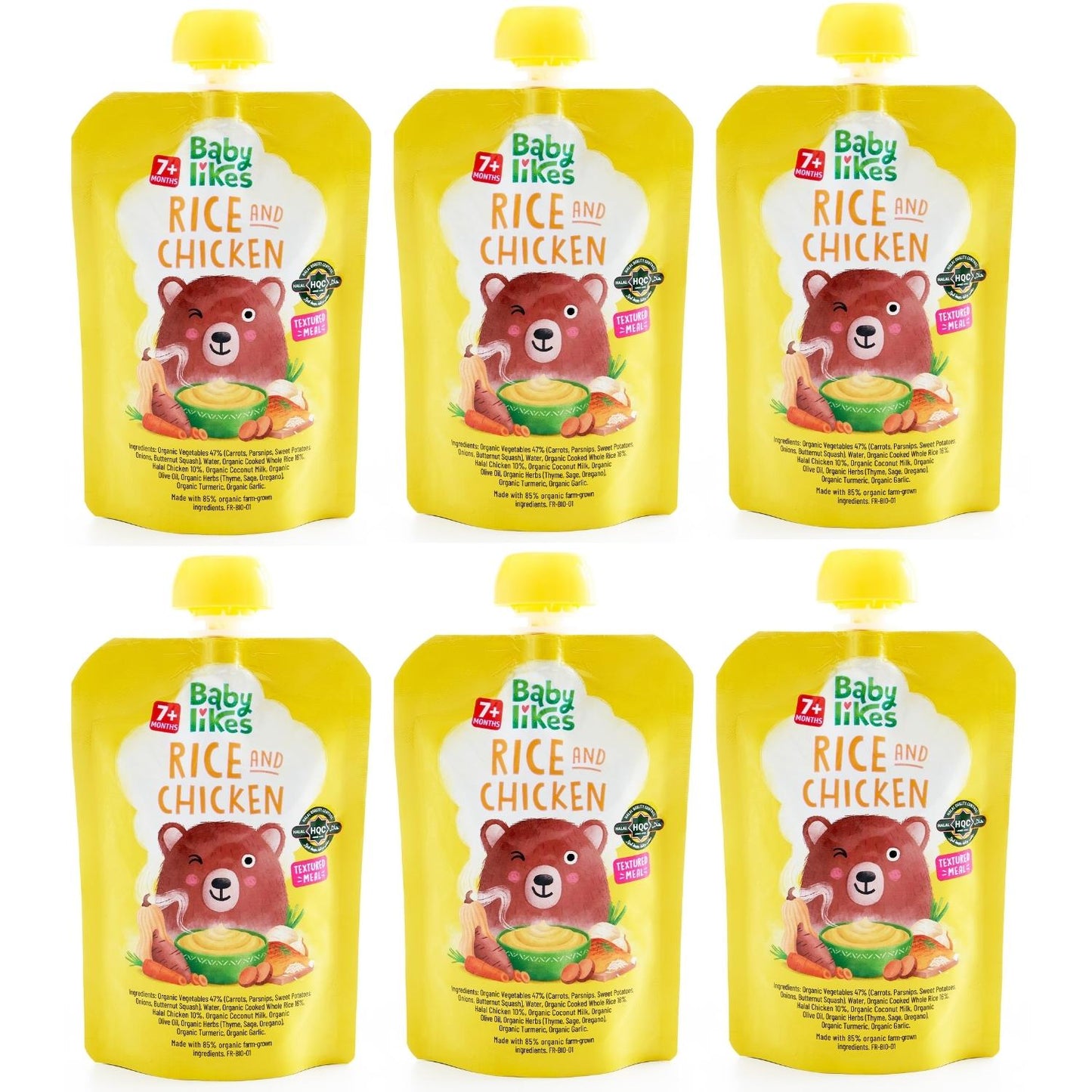 Six pouches of Baby Likes Rice and Chicken 130g baby food neatly arranged, showcasing convenient, ready-to-eat halal weaning meals