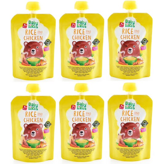 Six pouches of Baby Likes Rice and Chicken 130g baby food neatly arranged, showcasing convenient, ready-to-eat halal weaning meals