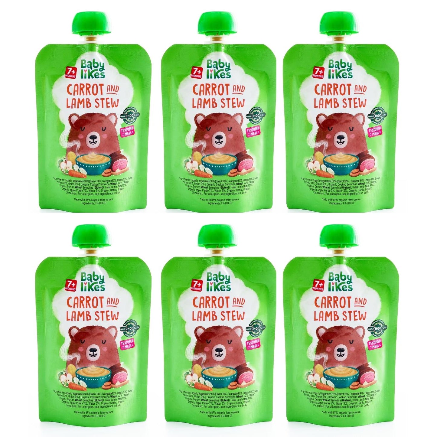 Set of six Baby Likes Carrot and Lamb Stew baby food pouches, each 130g
