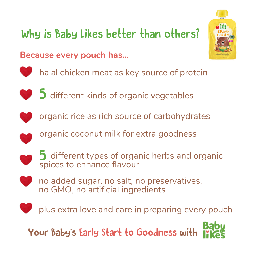 Poster of Baby Likes Rice and Chicken baby food highlighting key advantages over other brands, including certified halal meat and rich organic ingredients