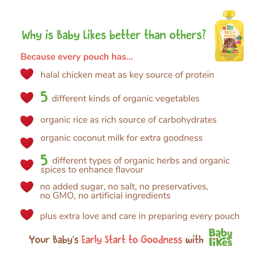 Poster of Baby Likes Rice and Chicken baby food highlighting key advantages over other brands, including certified halal meat and rich organic ingredients