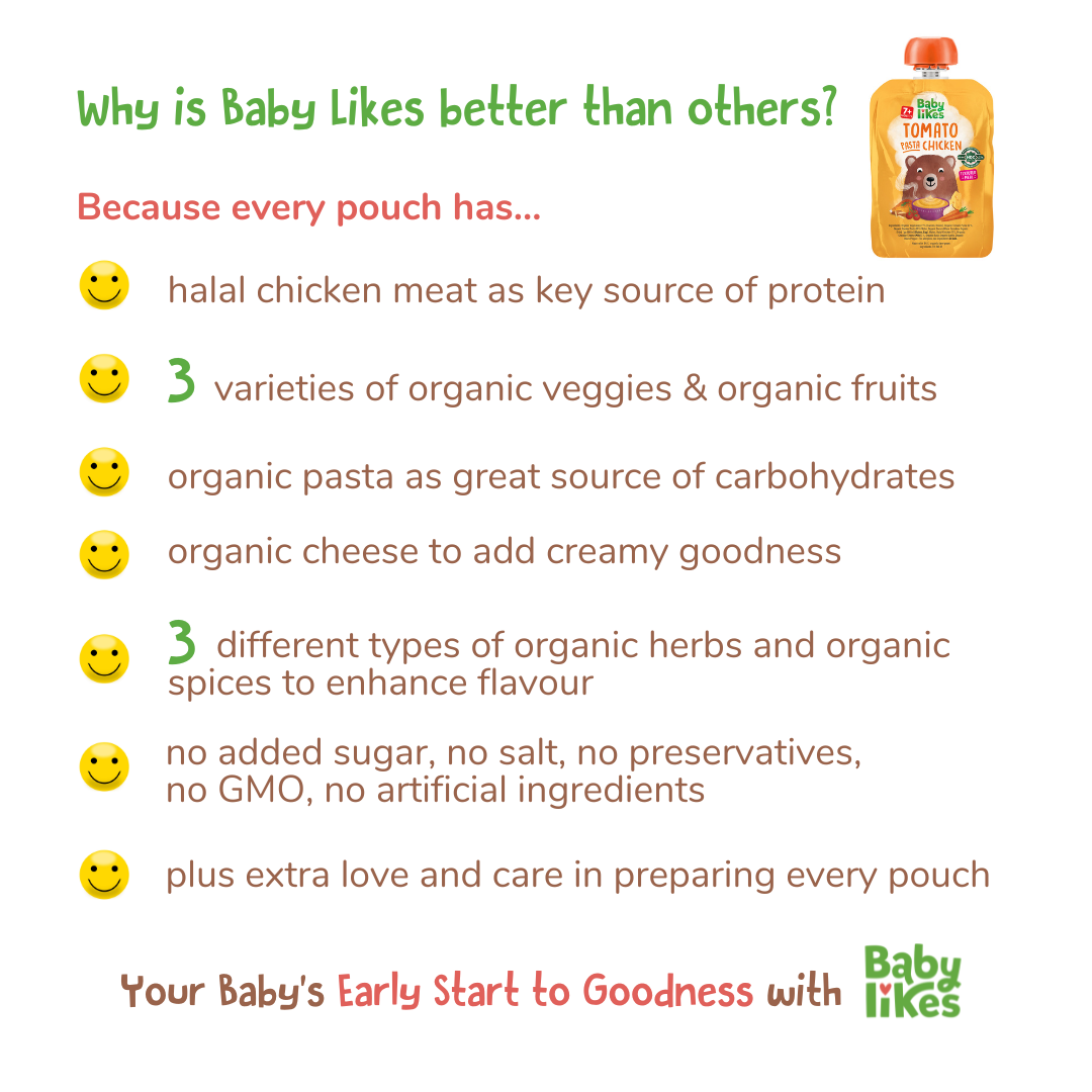 Poster listing key reasons why Baby Likes Tomato Pasta Chicken stands out, highlighting its use of 100% halal meat and organic ingredients for healthier baby meals.
