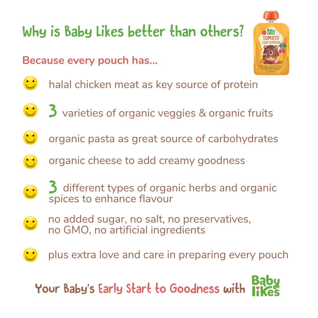 Halal Baby Food Pouches - Tomato Pasta Chicken 6 pouches, 130g, Stage 2, Organic Baby Puree for 7+ months