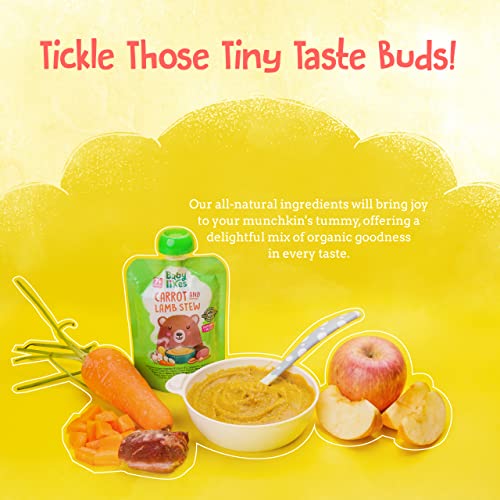 Baby Likes Carrot and Lamb Stew baby food pouch next to a bowl of baby puree and the raw ingredients such as carrots lamb meat and apples